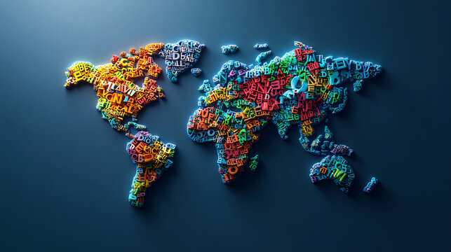 Fototapeta A vibrant world map made of letters, each continent filled with words from various languages, symbolizing global communication through language learning.  