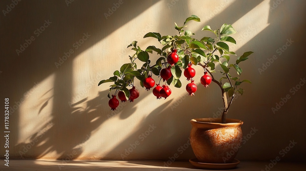 Aufkleber dwarf pomegranate tree in a pot, sunlight on wall.