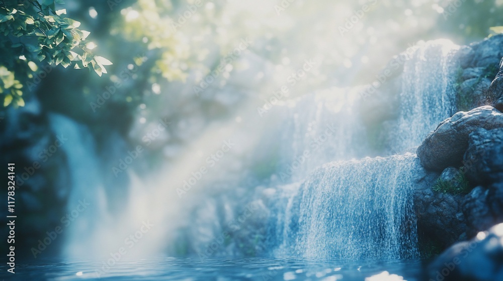 Aufkleber serene waterfall cascading over rocks into a tranquil pool, surrounded by lush greenery in sunlight.
