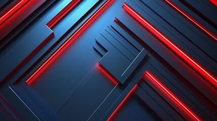 Abstract Red Neon Lights on Dark Blue Geometric Shapes