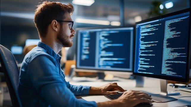 Focused programmer coding on dual monitors.