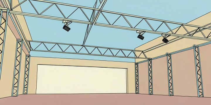 Empty industrial warehouse with steel trusses and overhead lighting