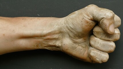 Fototapeta premium Dirty clenched fist on dark background, labor, strength, protest concept