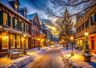 Fototapeta premium Cozy winter scene: snow-dusted buildings shimmer.