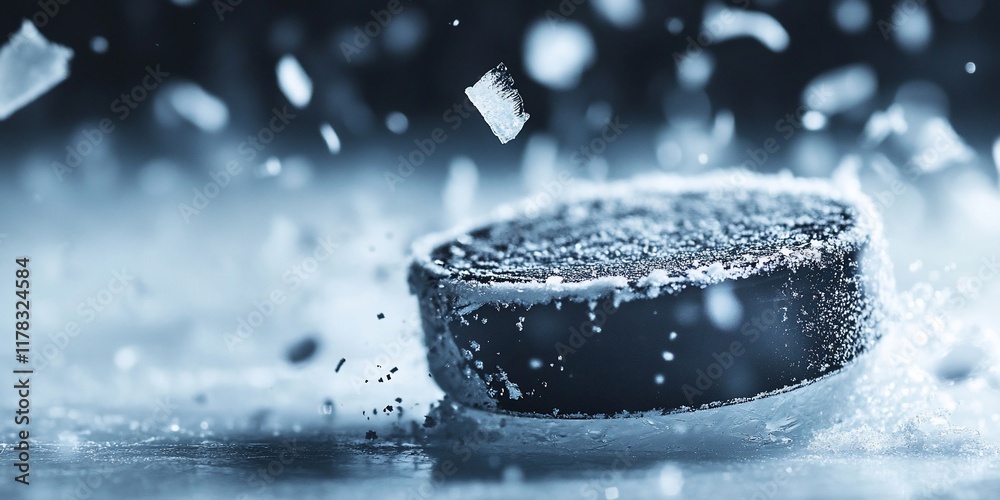 Poster close-up of hockey puck on ice with ice shards spraying.