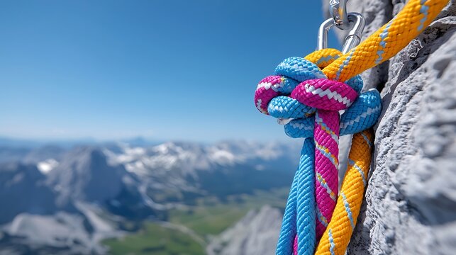 Colorful climbing ropes tied in a knot secured to a rock face against a mountain backdrop.
