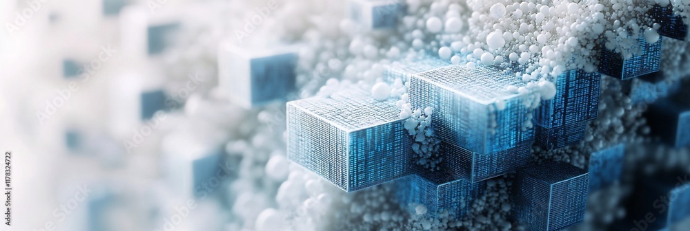 Poster Abstract 3D rendering of blue cubes and white spheres, resembling a futuristic data structure or digital landscape.