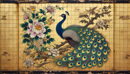 金屏風絵／孔雀