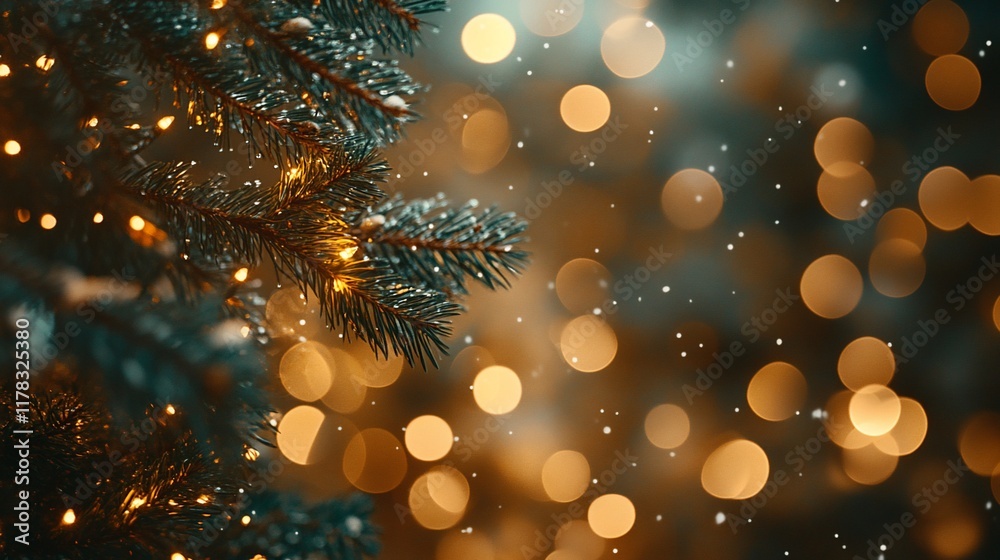 Poster snowy pine branch with warm lights, bokeh background.