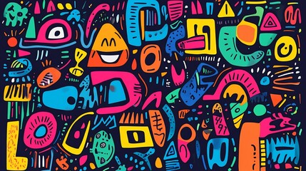Colorful abstract shapes and doodles on a dark background.