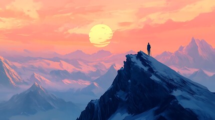 A person standing on a mountain peak at sunrise, gazing into the distance with a sense of accomplishment after achieving life goals