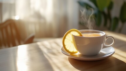 Fototapeta premium A white coffee cup with a slice of lemon on top