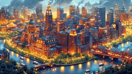 Obraz premium Night cityscape, river, bridges, buildings, lights.