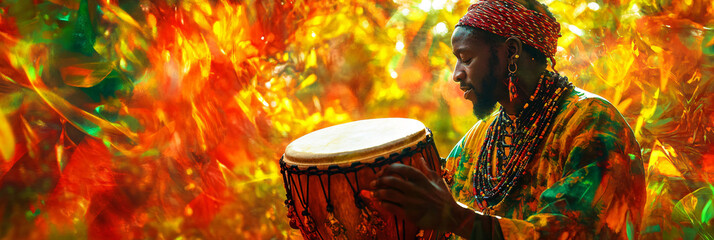 A West African djembe drummer, surrounded by abstracted jungle foliage and vibrant red, yellow, and green patterns, symbolizing rhythm and community. 