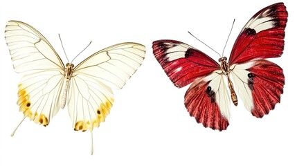 Romantic Valentine&rsquo;s Day composition with red, gold, hot pink, and cream love shapes, vibrant colored butterflies, and a harmonious blend of red, white, and purple tones on a white background, perfect