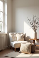Stylish Minimalist Interior: Tufted Ivory Chair and Warm Textures