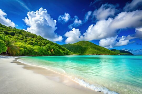 Stunning High-Resolution Image of Cinnamon Bay Beach, St. John, US Virgin Islands: Crystal Clear Water, White Sand, Lush Tropical Landscape