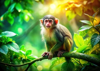 Obraz premium Talapoin Monkey Double Exposure: Tropical Rainforest Canopy & Primate Silhouette