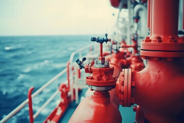 Marine Industrial Pipe Systems on Cargo Ship with Valves and Equipment over Blue Ocean Background in Soft Focus, Showing Maritime Engineering and Transportation Aspects