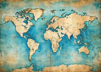 Fototapeta premium Vintage World Map, Blue & Beige Antique Travel Background, Copy Space Left