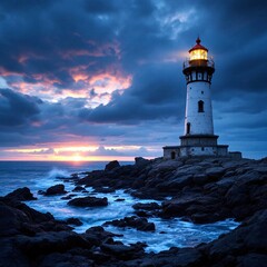 Naklejka premium Majestic Lighthouse at Sunset Coastal Serenity, Golden Hour, Ocean View, Scenic Beauty