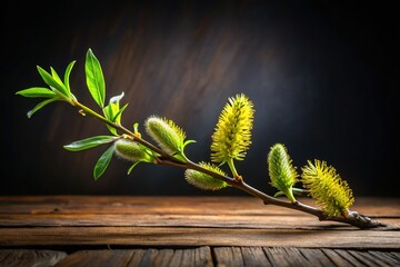 Naklejka premium Willow Branch on Dark Table - High-Resolution Stock Photo