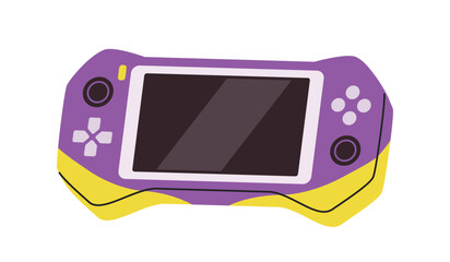 Flat-styled purple and yellow handheld gaming console with buttons and a screen, on a clean white background. Concept of gaming and entertainment. Vector illustration © Rudzhan