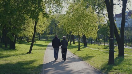 A couple is walking on a path in a park