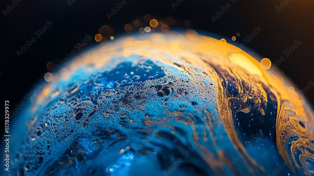 Wall mural abstract sphere with blue and gold swirling patterns and bokeh.