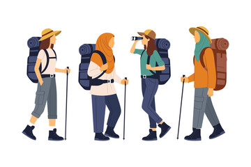 People hiking and trekking with backpack, map and binoculars. Woman backpackers stand, walk with luggage illustration