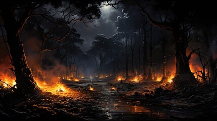 Night forest fire scene with burning trees and smoke under moonlight.