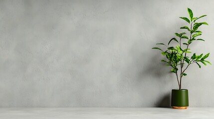 Green plant in pot against grey wall.