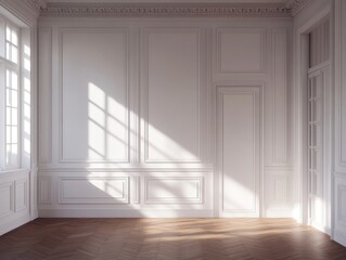 Sunlight streams into a classic, white paneled room with hardwood floors.