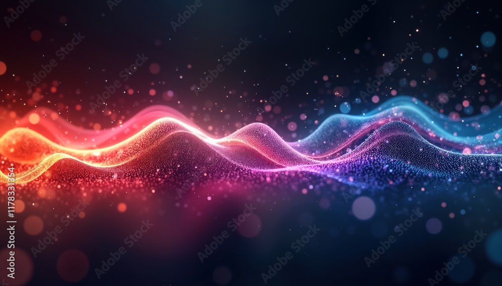 Aufkleber Abstract glowing lines form wavy patterns on dark background. Dynamic data transmission illustrated by vibrant colors, particles. Fiber optic tech shows high speed info transfer in digital age.