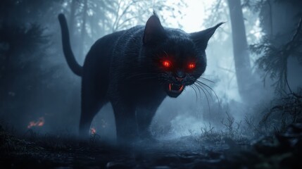 a black cat that looks fierce with its fangs