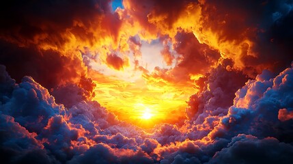 Dramatic sunset viewed from above the clouds, showcasing vibrant orange, red, and blue hues.