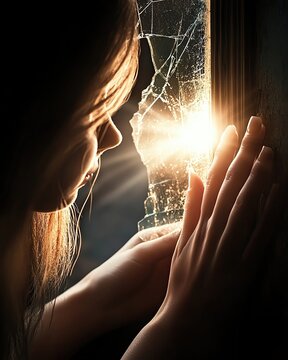 A reflective moment by a cracked window.