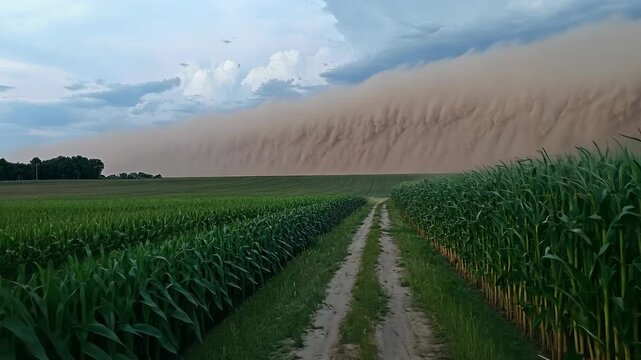 Dust storm approaches over farmland with corn rows under a cloudy sky