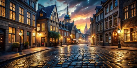 Fototapeta premium Low-light photorealism captures a vibrant night city.