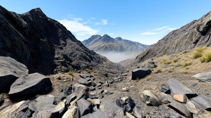 Scenic mountain valley with rocky terrain and distant peaks.