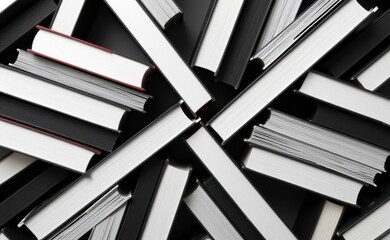 A colorful and abstract arrangement of book spines creating a geometric pattern.