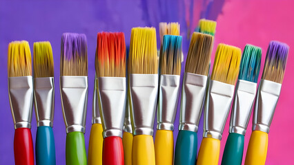 Fototapeta premium Bright and colorful paintbrushes on a vibrant background, perfect for creative and artistic themes.