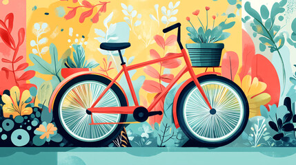 Fototapeta premium A whimsical illustration of a bicycle adorned with potted plants, set against a colorful backdrop that symbolizes eco-friendly transportation and green living. 