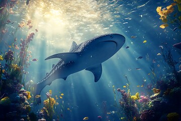 Fototapeta premium Whale Shark Gracefully Swims Through Vibrant Coral Reef