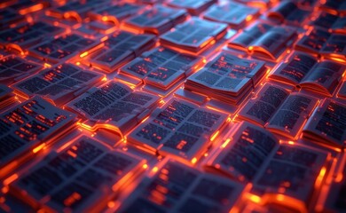  A mesmerizing arrangement of open books illuminated by glowing symbols, evoking a sense of knowledge, discovery, and the power of information.