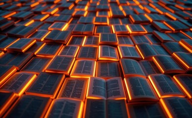 Obraz premium A mesmerizing arrangement of open books illuminated by glowing symbols, evoking a sense of knowledge, discovery, and the power of information.