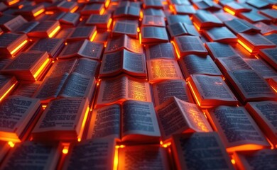 Obraz premium A mesmerizing arrangement of open books illuminated by glowing symbols, evoking a sense of knowledge, discovery, and the power of information.