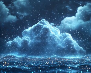 Mystical Data Clouds Blending with Night Skyline Symbolizing Tech and Cloud Computing