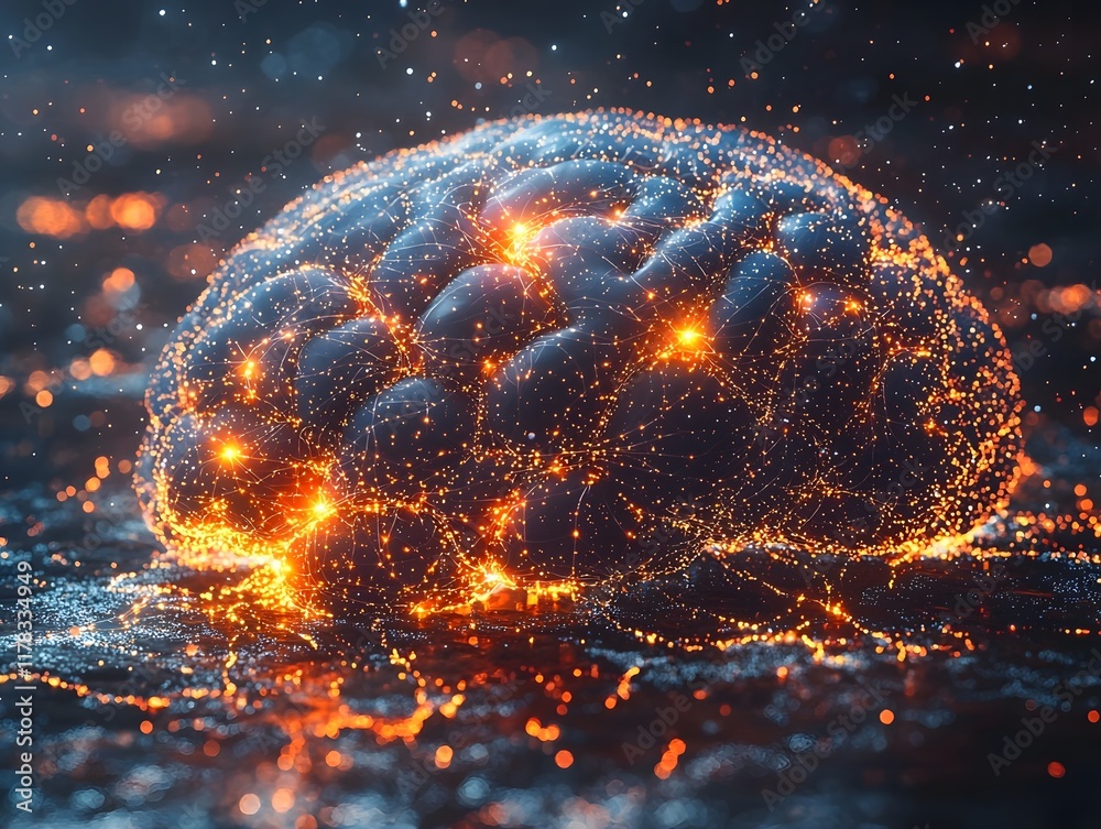 Aufkleber glowing neural network of abstract digital brain connected to data clouds