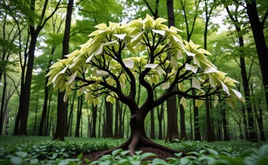 Fototapeta premium A surreal and whimsical scene of a tree with open books as leaves, growing in a lush green forest.